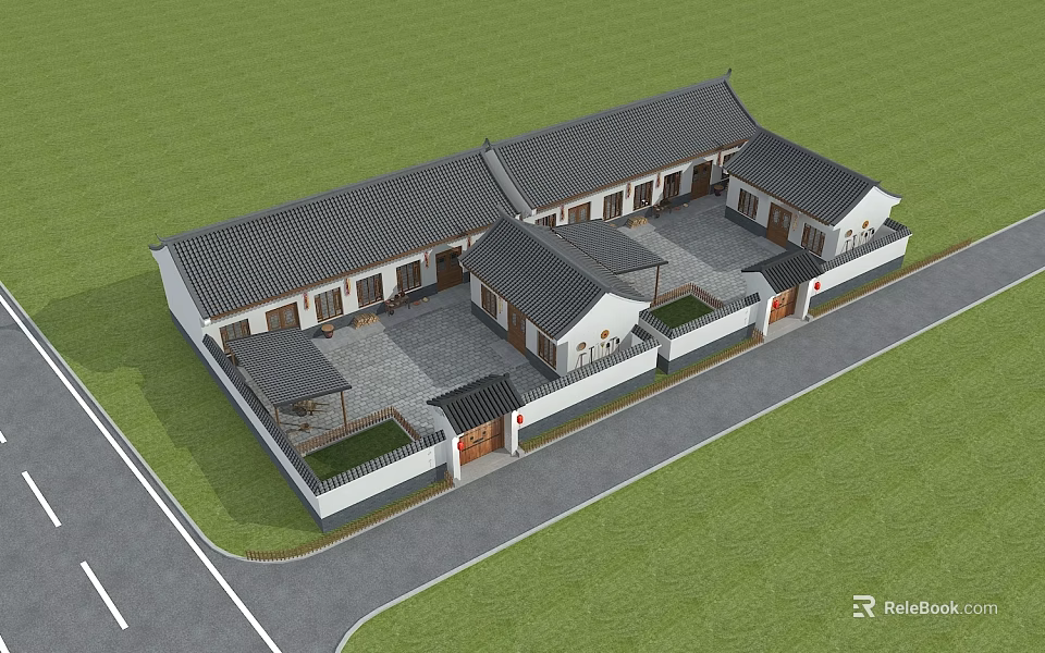 Traditional Chinese Courtyard House With Gray Roof White Walls And Green Lawn Pathway 3d model 