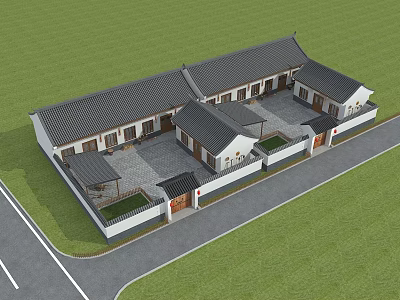 Traditional Chinese Courtyard House With Gray Roof White Walls And Green Lawn Pathway 3d model