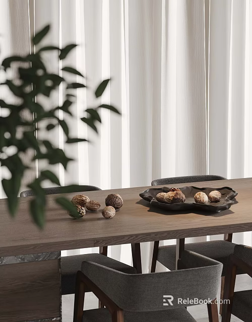 Modern Wooden Dining Table Set Interior Design With Chairs Plates Nuts And Curtains 3d model 