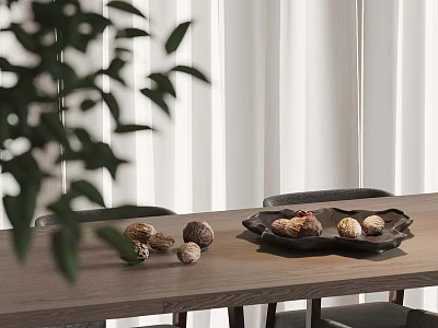 Modern Wooden Dining Table Set Interior Design With Chairs Plates Nuts And Curtains 3d model