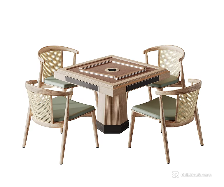 Modern Square Entertainment Table with Four Rattan Backrest Chairs and Light Green Cushions 3d model 