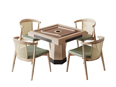 Modern Square Entertainment Table with Four Rattan Backrest Chairs and Light Green Cushions 3d model