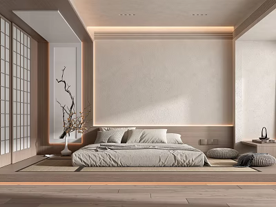 Minimalist Modern Bedroom Interior With Large Bed Shoji Doors Wooden Flooring And Recessed Lighting 3d model
