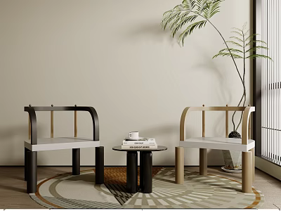 Modern Minimalist Table and Chair Set with Black Beige Frames White Seats and Green Plant 3d model
