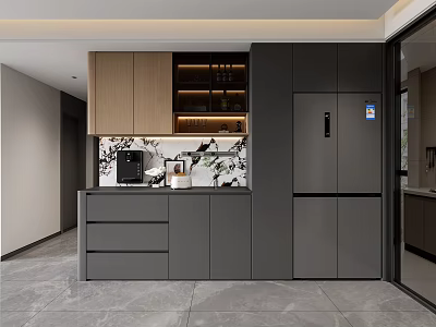 Modern Wine Cabinet Kitchen Interior With Glass Shelves And Grey Cabinets 3d model