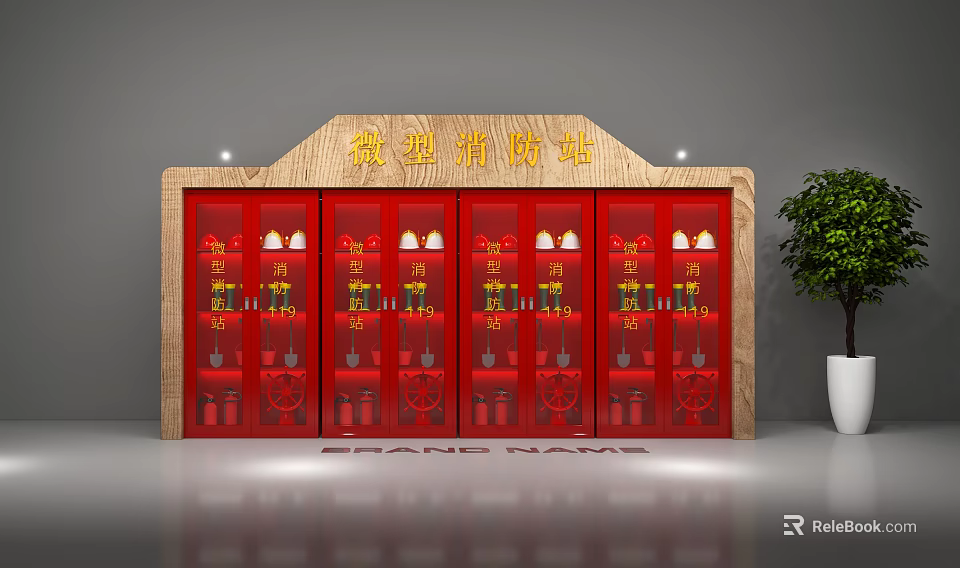 Mini Fire Station With Red Cabinets Containing Fire Extinguishers And Safety Tools 3d model 