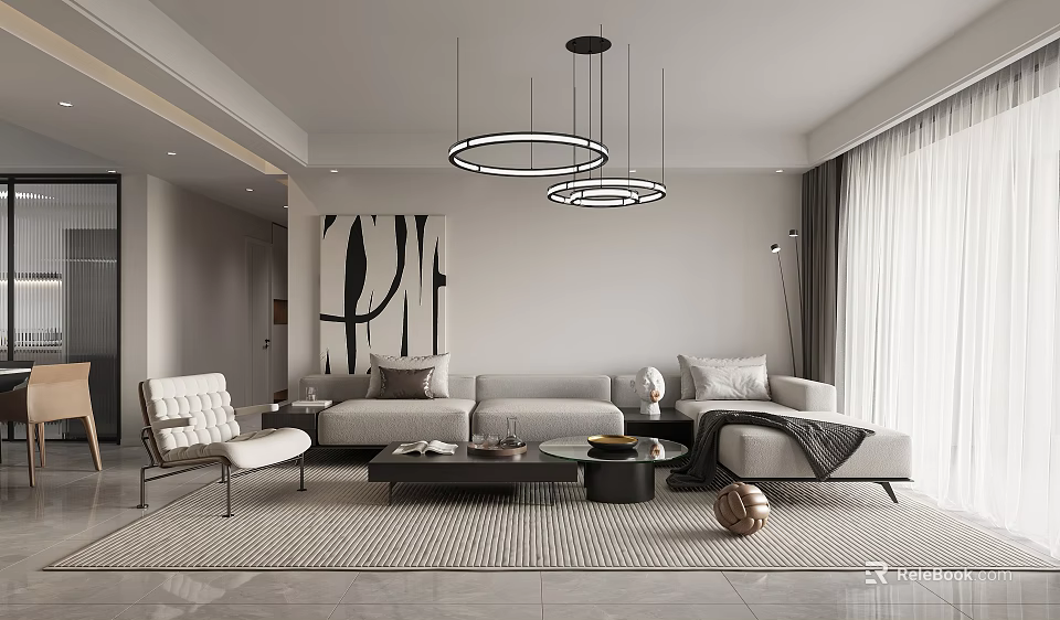 Modern Living and Dining Room Interior With Sofa Coffee Table Circular Chandeliers And Area Rug 3d model 