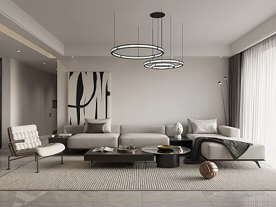 Modern Living and Dining Room Interior With Sofa Coffee Table Circular Chandeliers And Area Rug 3d model