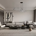 Modern Living and Dining Room Interior With Sofa Coffee Table Circular Chandeliers And Area Rug