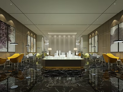 Modern Sales Office Interior Design With Model Display Yellow Chairs Marble Floor And Elegant Lighting 3d model