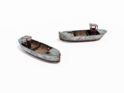 Two Vintage Wooden Boats Displayed With Weathered Hulls And Small Canopies 3d model