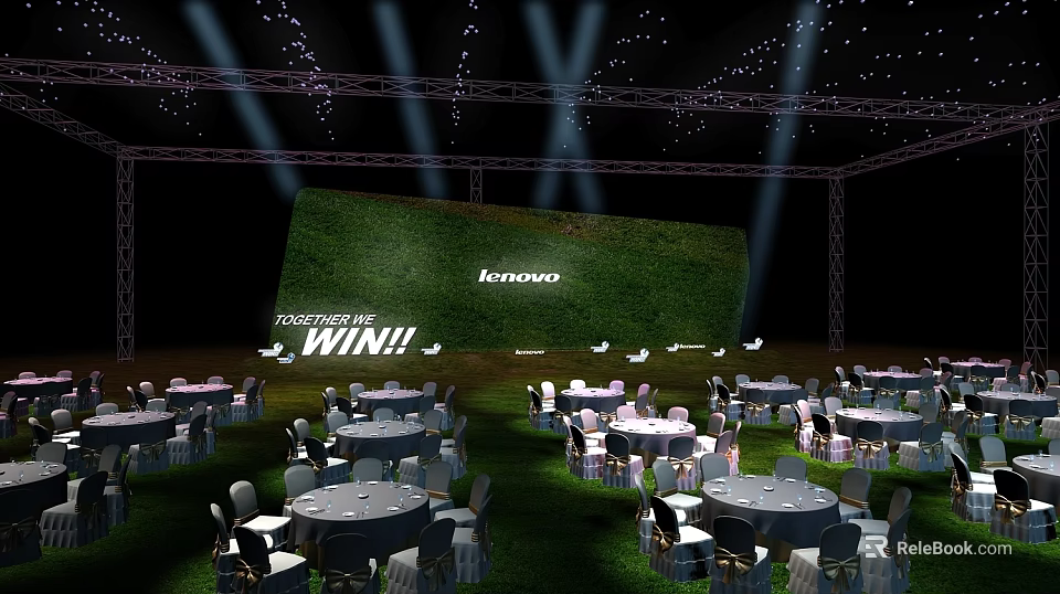 Lenovo Event Scene With Stage Lighting Lawn Tables And Forging The Win Banner 3d model 