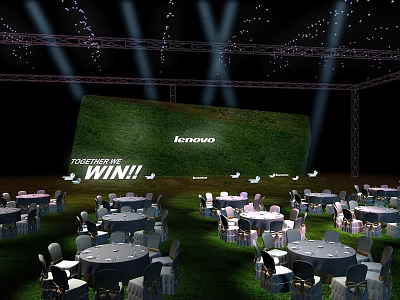 Lenovo Event Scene With Stage Lighting Lawn Tables And Forging The Win Banner 3d model