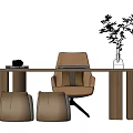 Modern Wooden Desk With Laptop Black Decorative Item Potted Plant Brown Chair And Round Stools