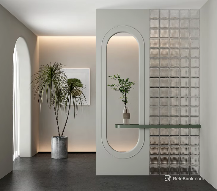 Modern Interior Partition With Oval Arch Palm Plants Glass Shelf And Grid Design 3d model 