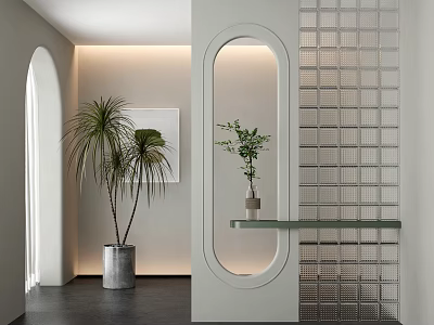 Modern Interior Partition With Oval Arch Palm Plants Glass Shelf And Grid Design 3d model