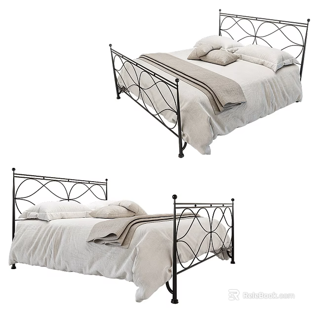 Double Bed With Black Metal Frame Ornate Scroll Design White Linen Sheets Pillows And Blanket 3d model 