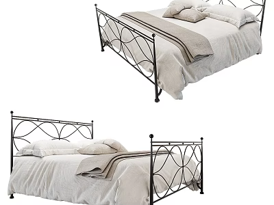 Double Bed With Black Metal Frame Ornate Scroll Design White Linen Sheets Pillows And Blanket 3d model