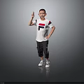 Boy Wearing White T Shirt With Red Black Design Black Shorts Gesturing On Gray Background