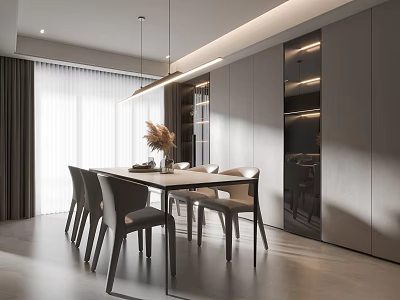 Modern Restaurant Interior Design With Dining Table Chairs Pendant Lights And Floor to Ceiling Windows 3d model