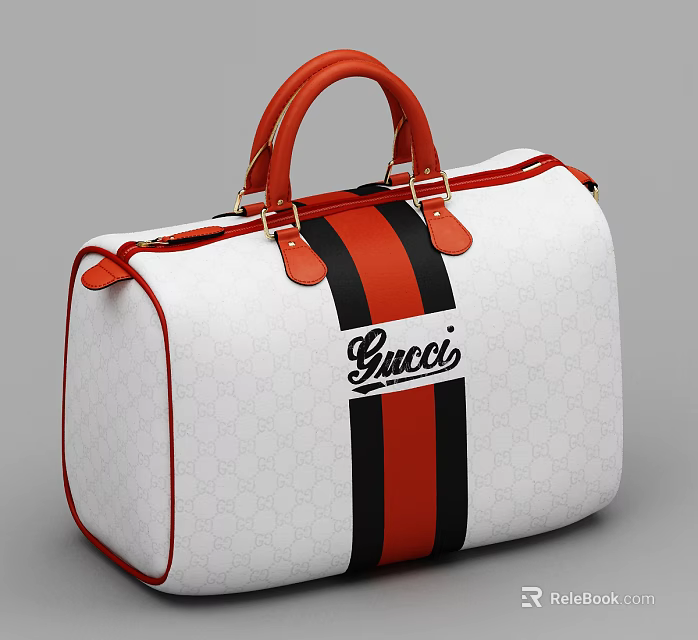 Stylish Gucci Handbag With White Pattern Red Black Stripes Red Handles And Brand Logo 3d model 