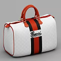 Stylish Gucci Handbag With White Pattern Red Black Stripes Red Handles And Brand Logo