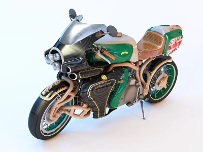 Vintage Green And Silver Motorcycle With Retro Seat Side Case And Unique Wheel Design 3d model