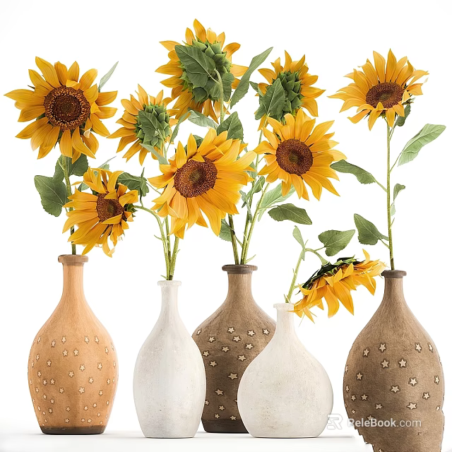 Decorative Ornament Set With Yellow Sunflowers And Brown White Ceramic Vases Small Dot Patterns 3d model 