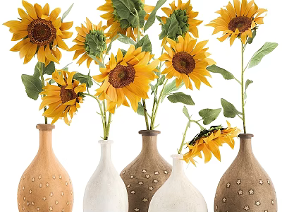 Decorative Ornament Set With Yellow Sunflowers And Brown White Ceramic Vases Small Dot Patterns 3d model