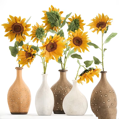 Decorative Ornament Set With Yellow Sunflowers And Brown White Ceramic Vases Small Dot Patterns 3d model