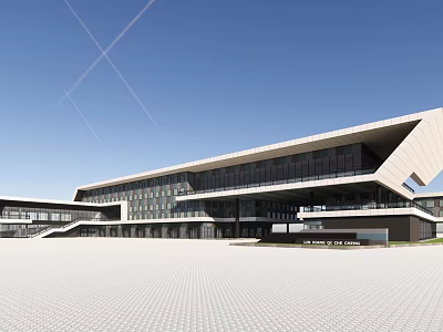 Modern Building Exterior Design With Glass Facade Geometric Roof And Open Plaza Area 3d model