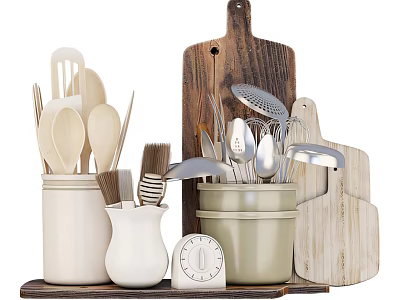 Collection Of Kitchen Utensils With Containers Cutting Boards And Timer 3d model