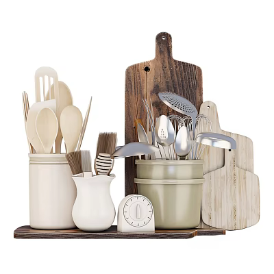 Collection Of Kitchen Utensils With Containers Cutting Boards And Timer 3d model