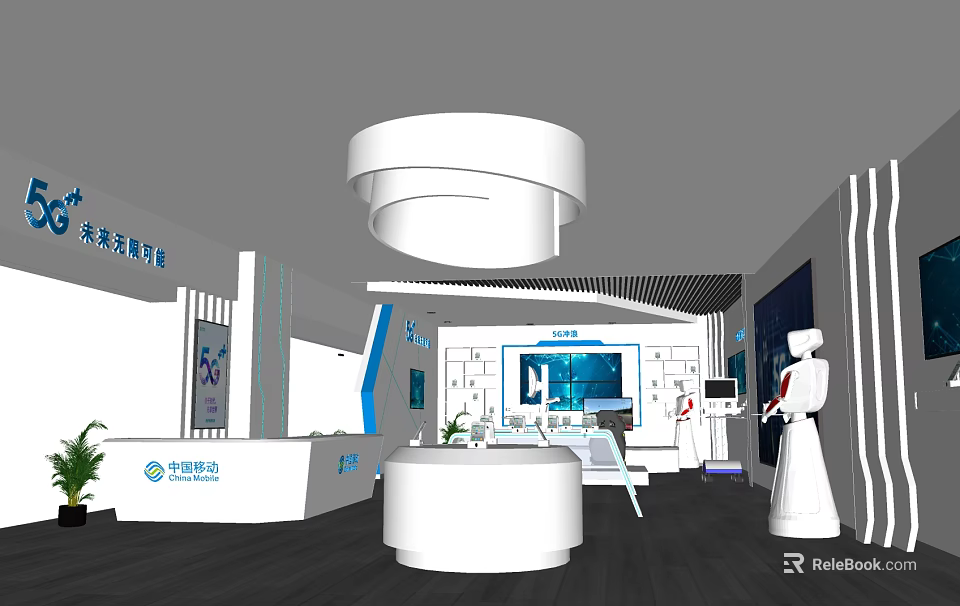 Modern Exhibition Hall Interior With White Circular Reception Desk Ceiling Lamp And Robot Model 3d model