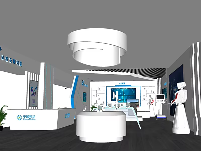 Modern Exhibition Hall Interior With White Circular Reception Desk Ceiling Lamp And Robot Model 3d model
