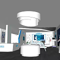 Modern Exhibition Hall Interior With White Circular Reception Desk Ceiling Lamp And Robot Model 3d model