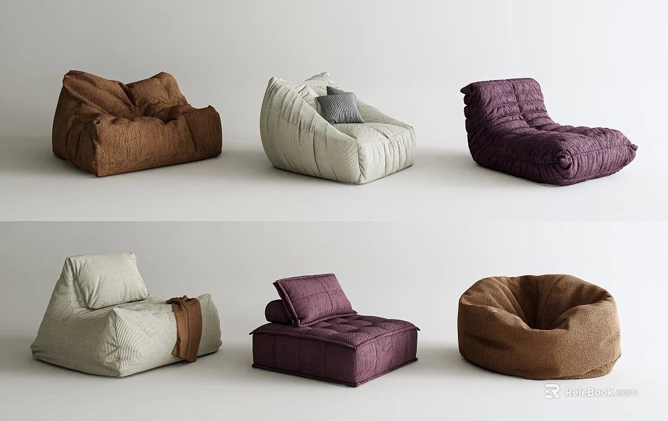 Stylish Bean Bag Chairs In Brown Beige Purple With Various Designs And Cushions 3d model 
