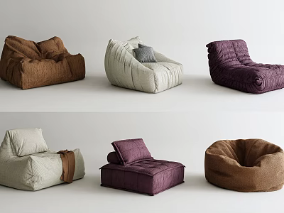 Stylish Bean Bag Chairs In Brown Beige Purple With Various Designs And Cushions 3d model