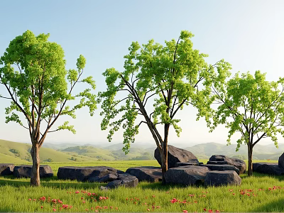 Natural Plant Combination With Green Leaf Trees Red Flowers Grass Stones Hills And Blue Sky 3d model