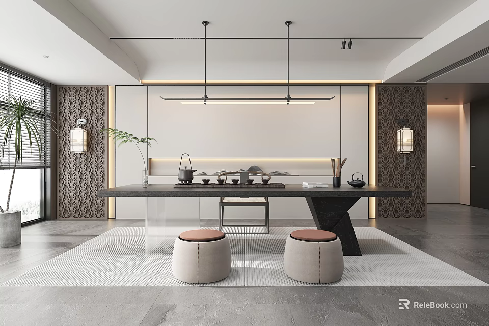 Modern Tea Room Interior With Long Black Table Tea Sets Beige Stools And Textured Backdrop 3d model