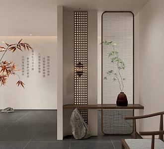 Modern New Chinese Style Entrance Wooden Partition Plant Decoration Entrance Decoration Duan Jing Villa Entrance 3d model