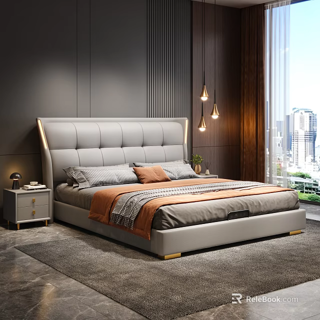 Modern Luxurious Bedroom With Upholstered Headboard Golden Trim Pendant Lights And City View Window 3d model 