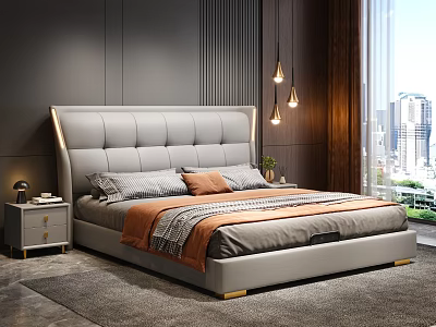Modern Luxurious Bedroom With Upholstered Headboard Golden Trim Pendant Lights And City View Window 3d model