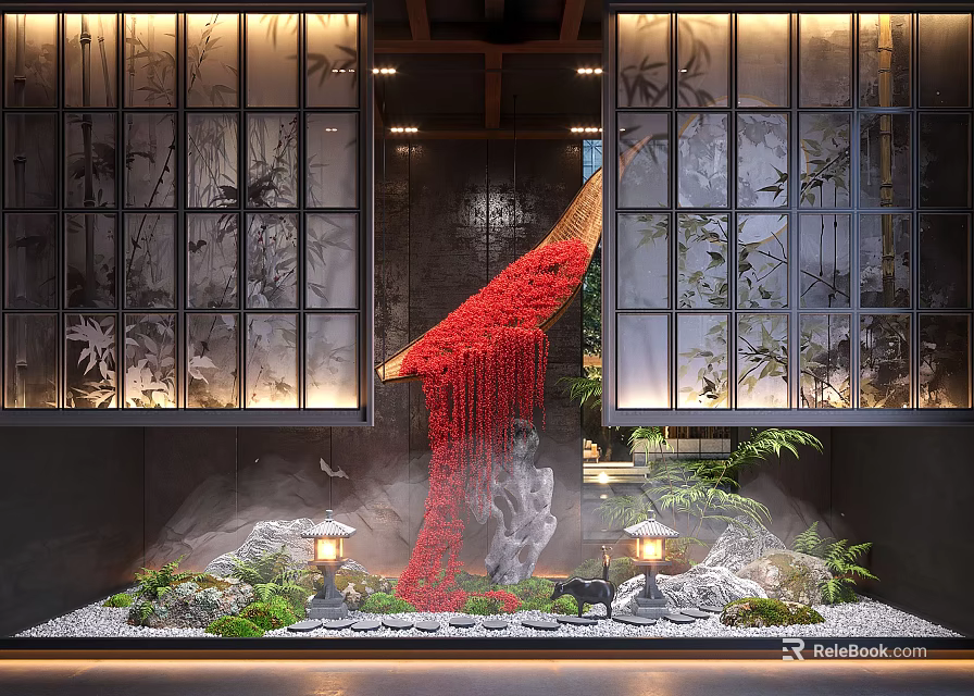 Traditional Indoor Landscape With Lattice Windows Red Cascading Decorations Stones Greenery And Lantern Lamps 3d model 