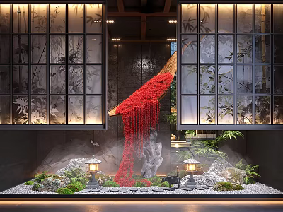Traditional Indoor Landscape With Lattice Windows Red Cascading Decorations Stones Greenery And Lantern Lamps 3d model