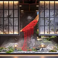 Traditional Indoor Landscape With Lattice Windows Red Cascading Decorations Stones Greenery And Lantern Lamps