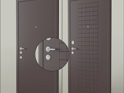 Modern Dark Brown Swing Doors With Grid Pattern And Metal Handle 3d model