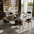Modern Dining Table Set White Oval Top Six Brown Backrest Beige Seats Green Plant Centerpiece