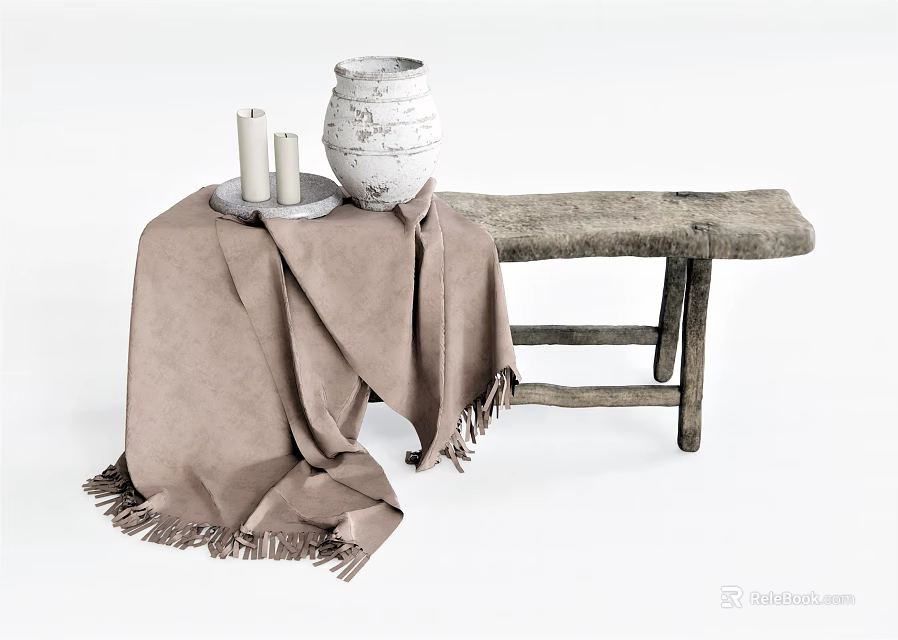 Rustic Wooden Bench with Brown Fringed Blanket White Vase and Candles 3d model 