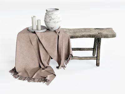 Rustic Wooden Bench with Brown Fringed Blanket White Vase and Candles 3d model